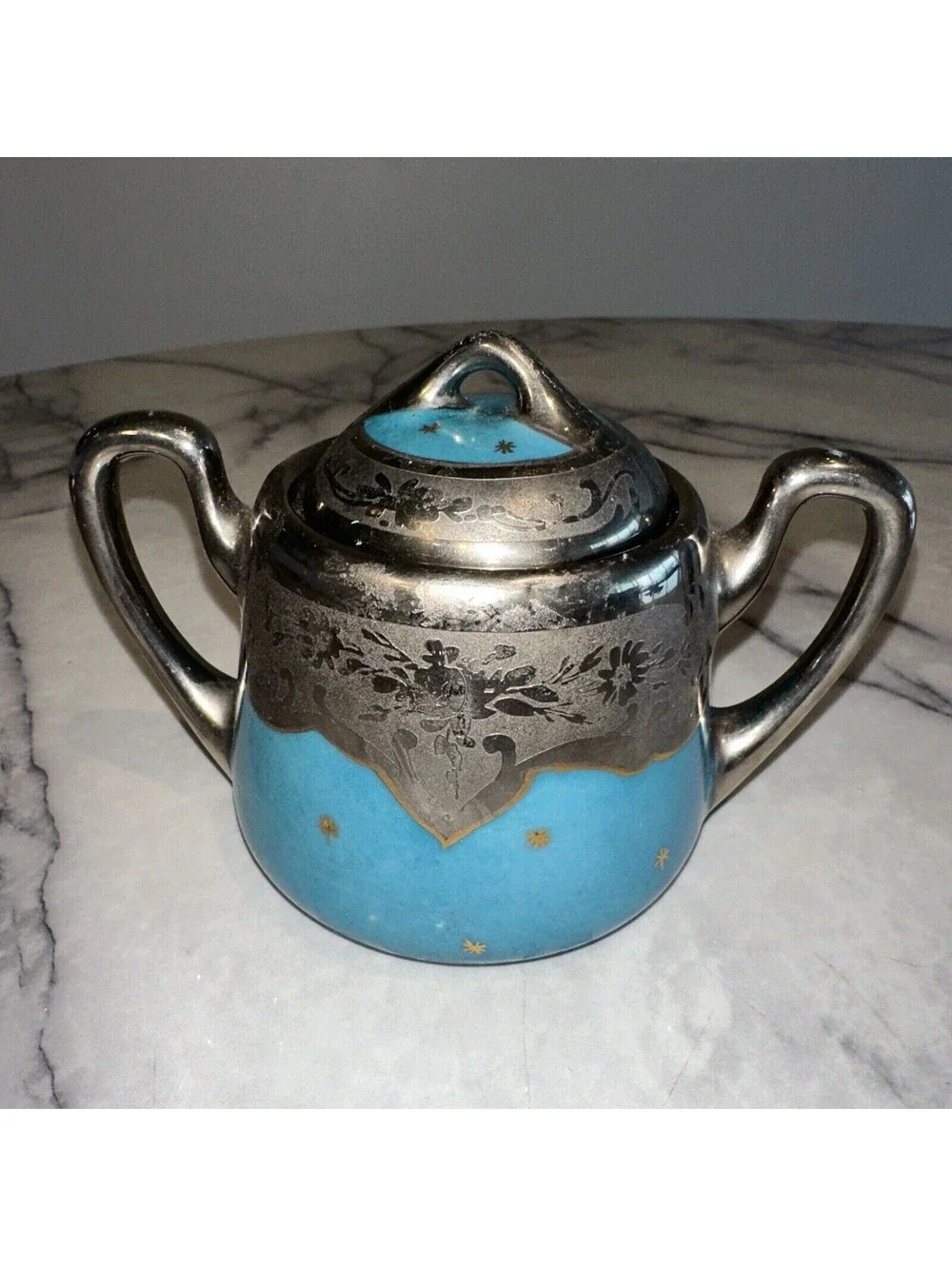 Brauer Hand Painted Lidded Sugar Bowl vintage Silver Chrome Gold Blue Art Deco